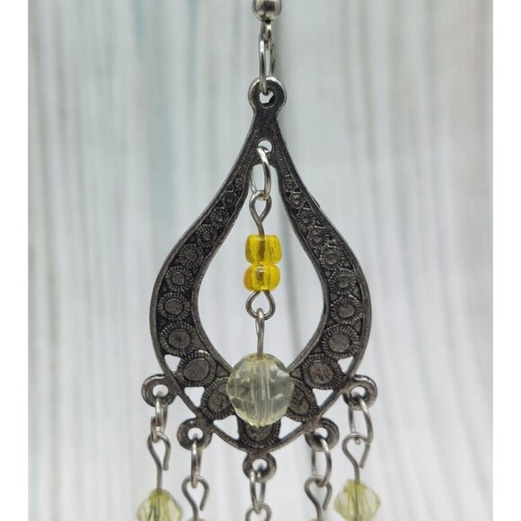 Boho Hippie Statement Earrings 4" Dangle Silver Tone & Beaded Tiny Rose Accents - Picture 5 of 7